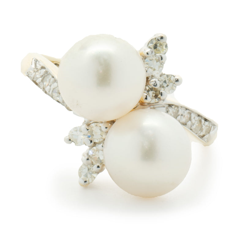 14 Karat Yellow Gold Pearl and Diamond Bypass Ring