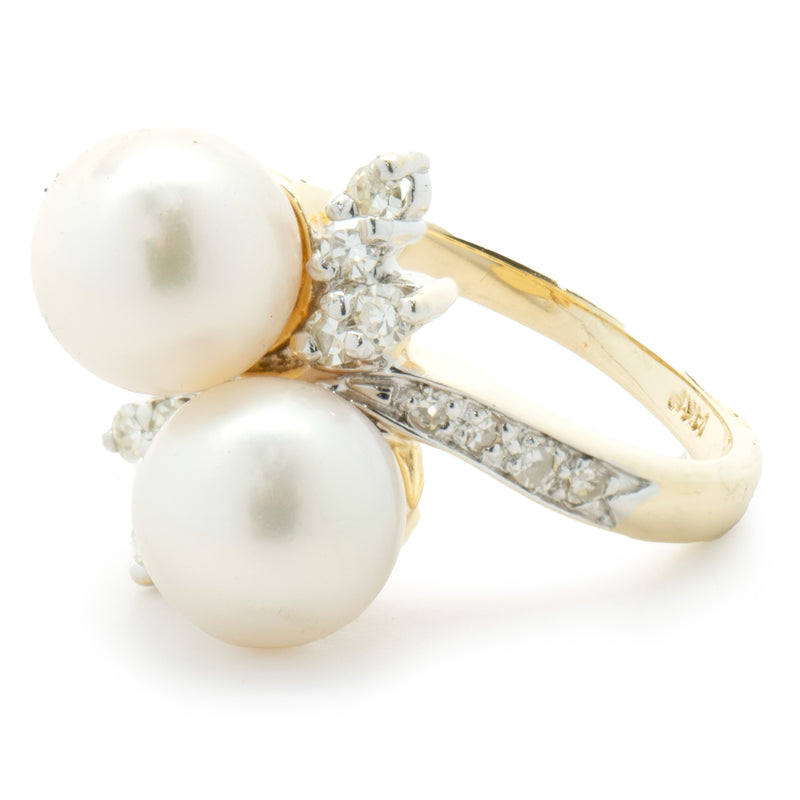 14 Karat Yellow Gold Pearl and Diamond Bypass Ring