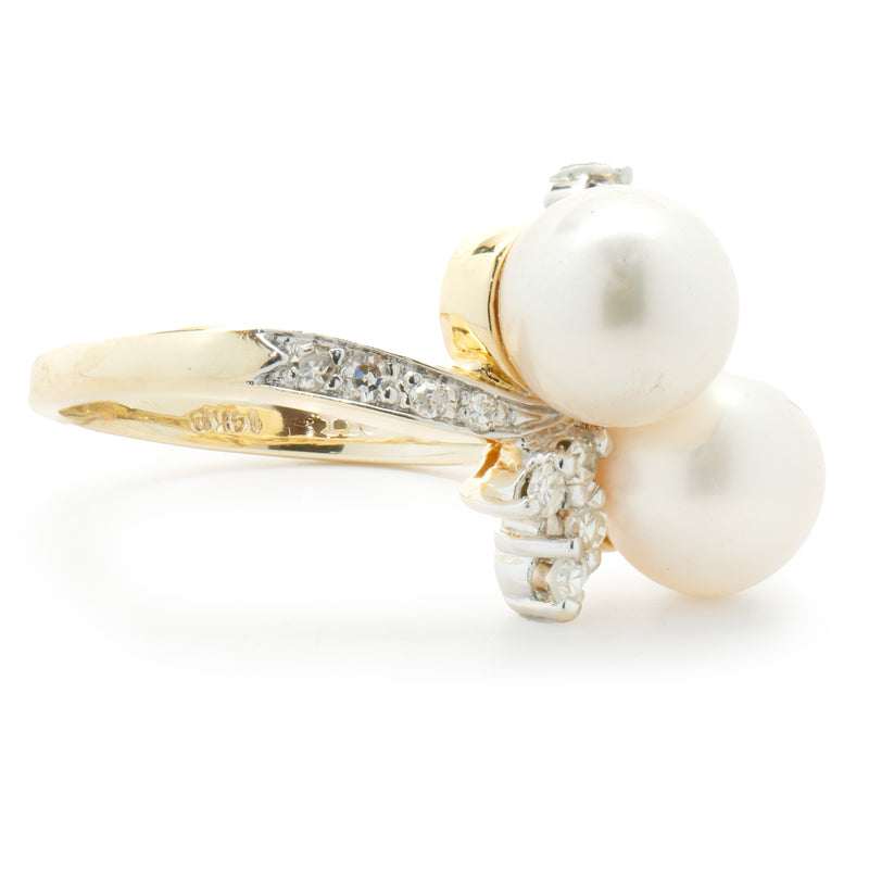 14 Karat Yellow Gold Pearl and Diamond Bypass Ring