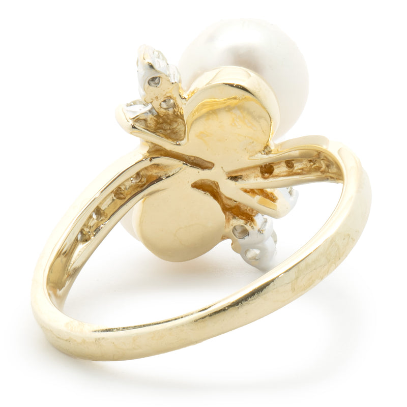 14 Karat Yellow Gold Pearl and Diamond Bypass Ring
