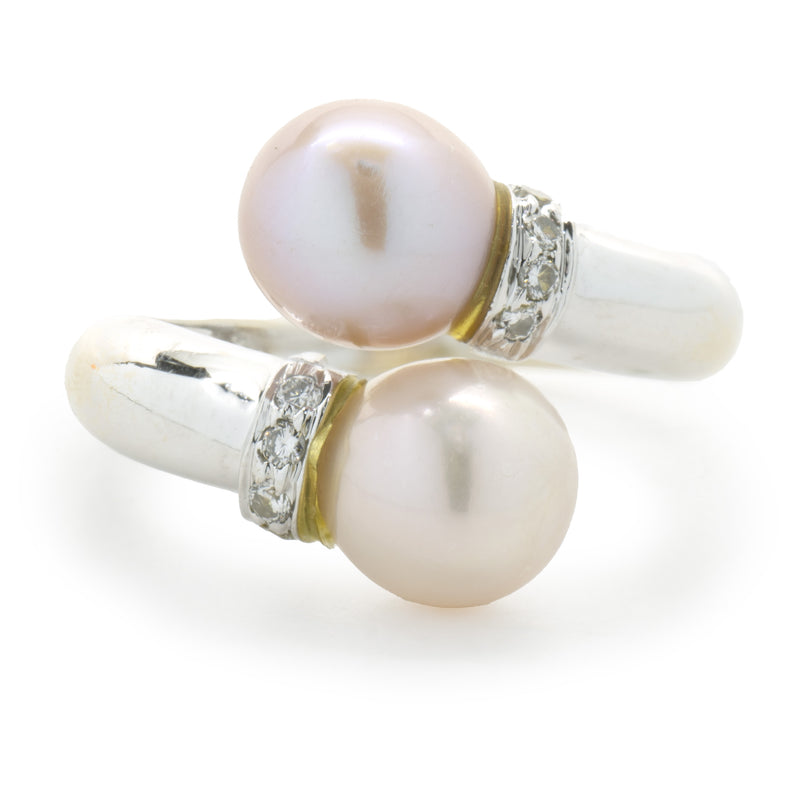 18 Karat White Gold White and Pink Pearl and Diamond Bypass Ring