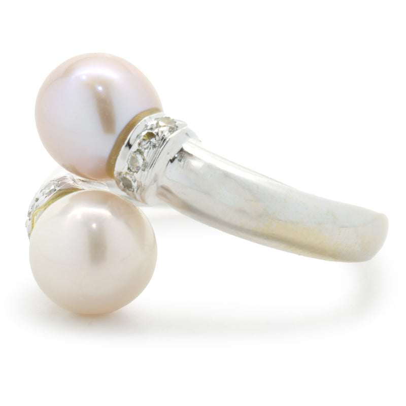18 Karat White Gold White and Pink Pearl and Diamond Bypass Ring