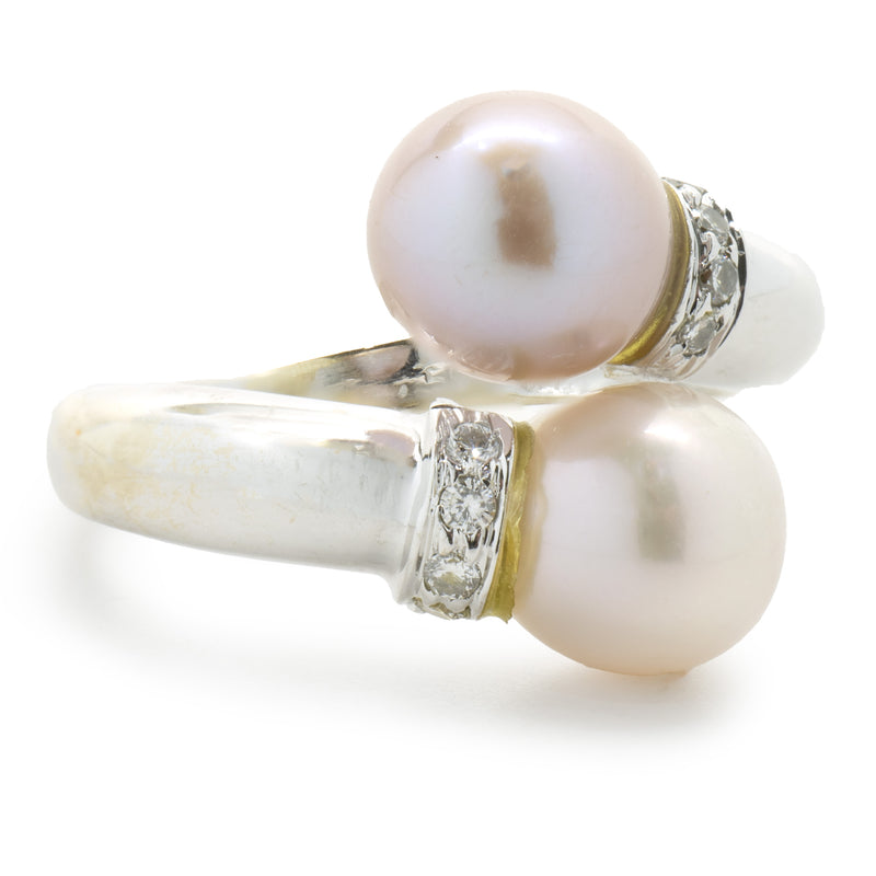 18 Karat White Gold White and Pink Pearl and Diamond Bypass Ring