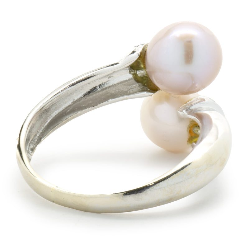 18 Karat White Gold White and Pink Pearl and Diamond Bypass Ring