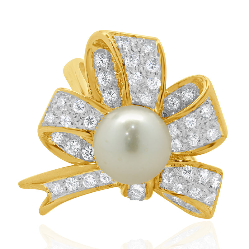 18 Karat Yellow Gold 7MM Pearl and Diamond Vintage Bow Ring