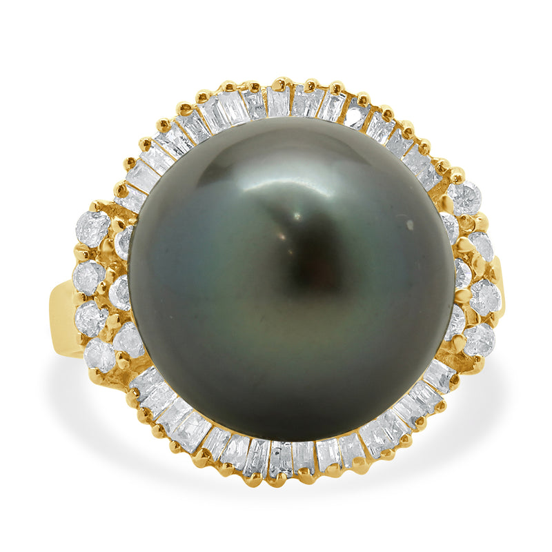 14 Karat Yellow Gold Black Pearl and Diamond Cocktail Ring
