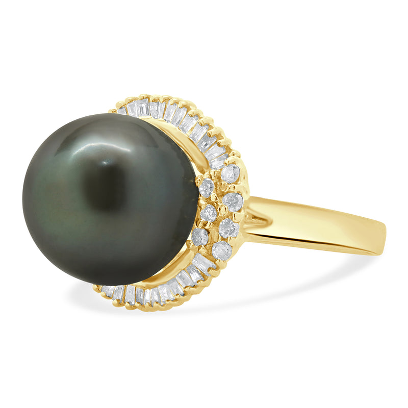 14 Karat Yellow Gold Black Pearl and Diamond Cocktail Ring