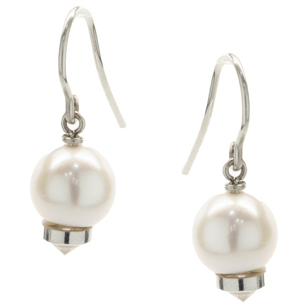 14 Karat White Gold Pearl and Diamond Capped Drop Earrings