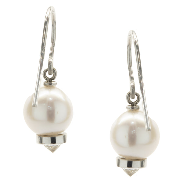 14 Karat White Gold Pearl and Diamond Capped Drop Earrings