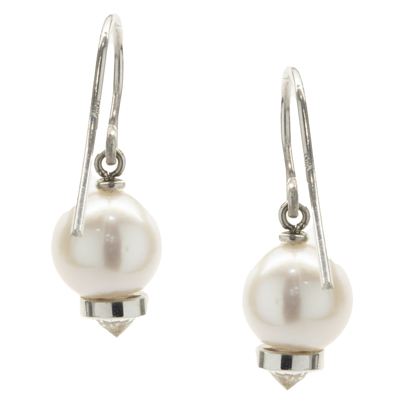 14 Karat White Gold Pearl and Diamond Capped Drop Earrings