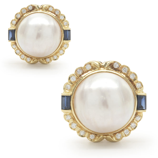 18 Karat Yellow Gold Mabe Pearl, Diamond and Sapphire Earrings