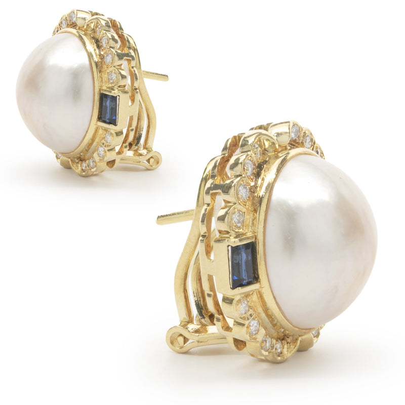 18 Karat Yellow Gold Mabe Pearl, Diamond and Sapphire Earrings
