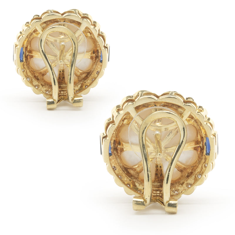 18 Karat Yellow Gold Mabe Pearl, Diamond and Sapphire Earrings