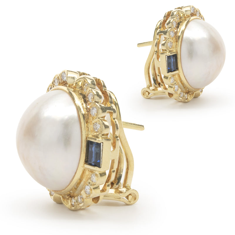18 Karat Yellow Gold Mabe Pearl, Diamond and Sapphire Earrings