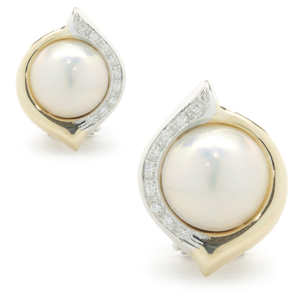 18 Karat Yellow and White Gold Pearl and Diamond Earrings