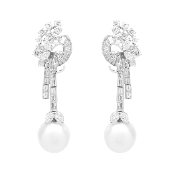 18 Karat White Gold South Sea Pearl and Diamond Vintage Art Deco Drop Earrings