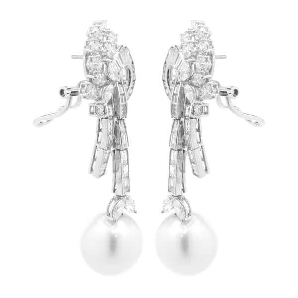 18 Karat White Gold South Sea Pearl and Diamond Vintage Art Deco Drop Earrings