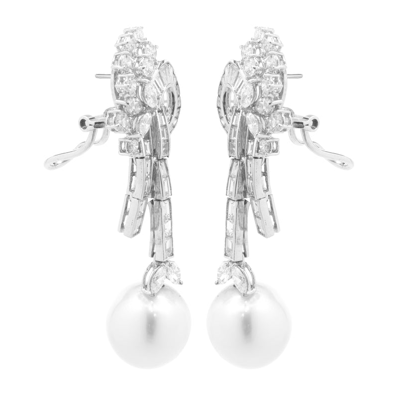18 Karat White Gold South Sea Pearl and Diamond Vintage Art Deco Drop Earrings