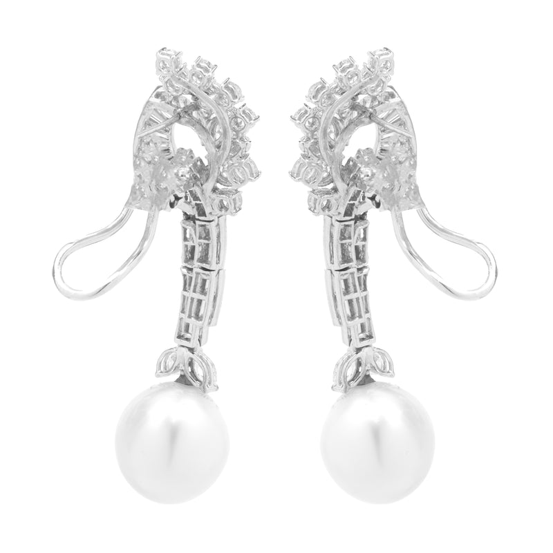 18 Karat White Gold South Sea Pearl and Diamond Vintage Art Deco Drop Earrings