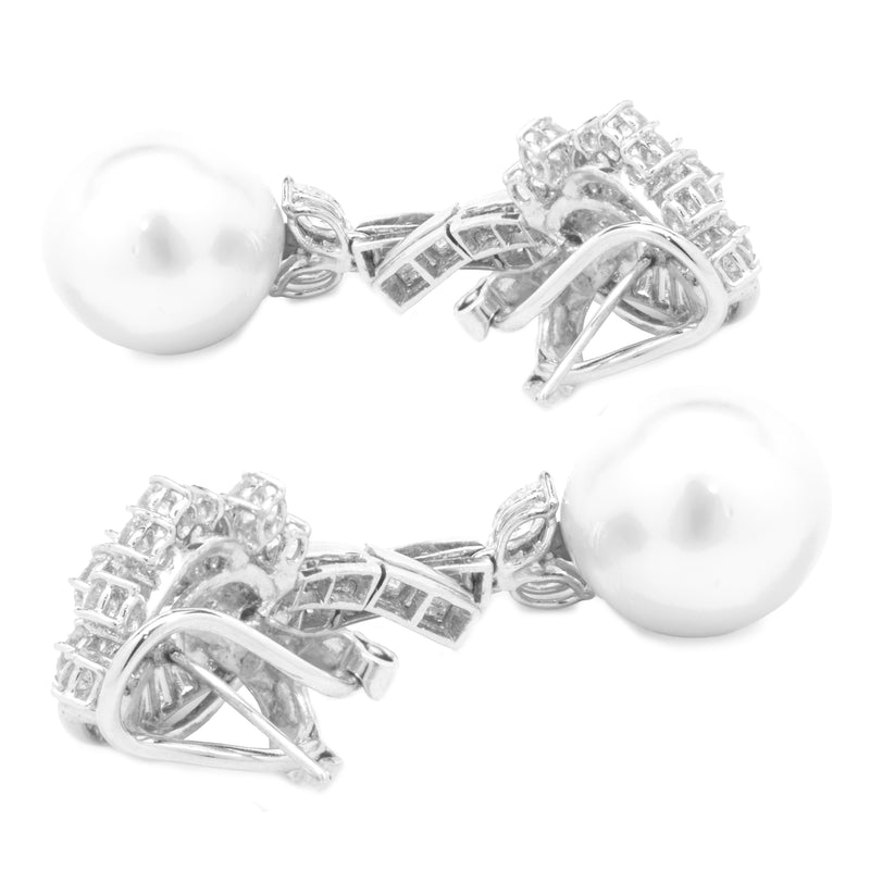 18 Karat White Gold South Sea Pearl and Diamond Vintage Art Deco Drop Earrings