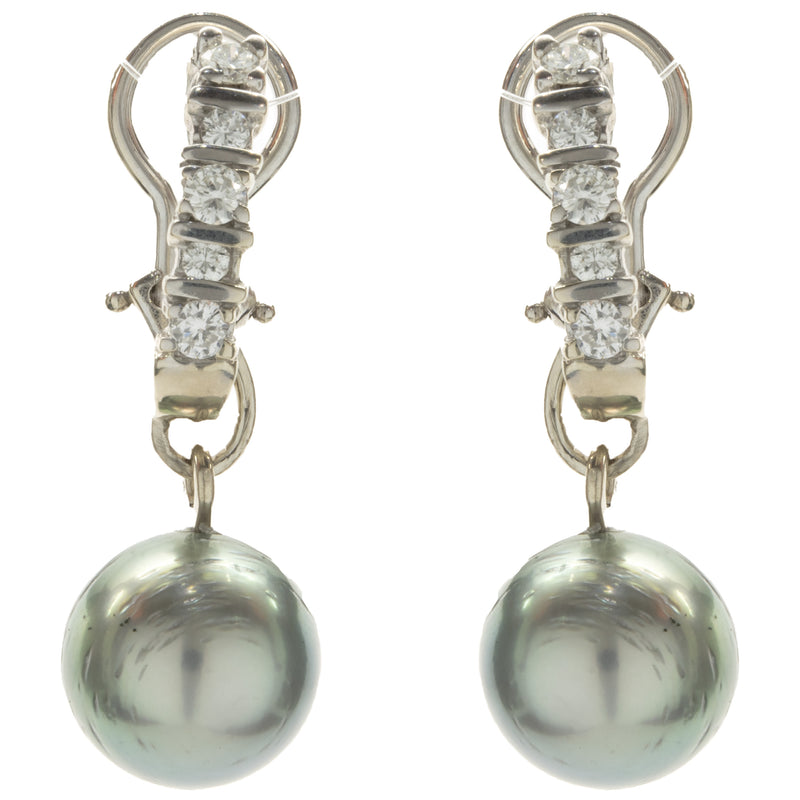 14 Karat White Gold Diamond and Tahitian Pearl Drop Earrings