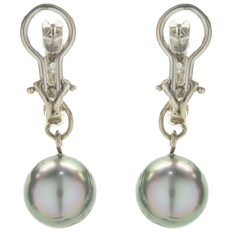 14 Karat White Gold Diamond and Tahitian Pearl Drop Earrings