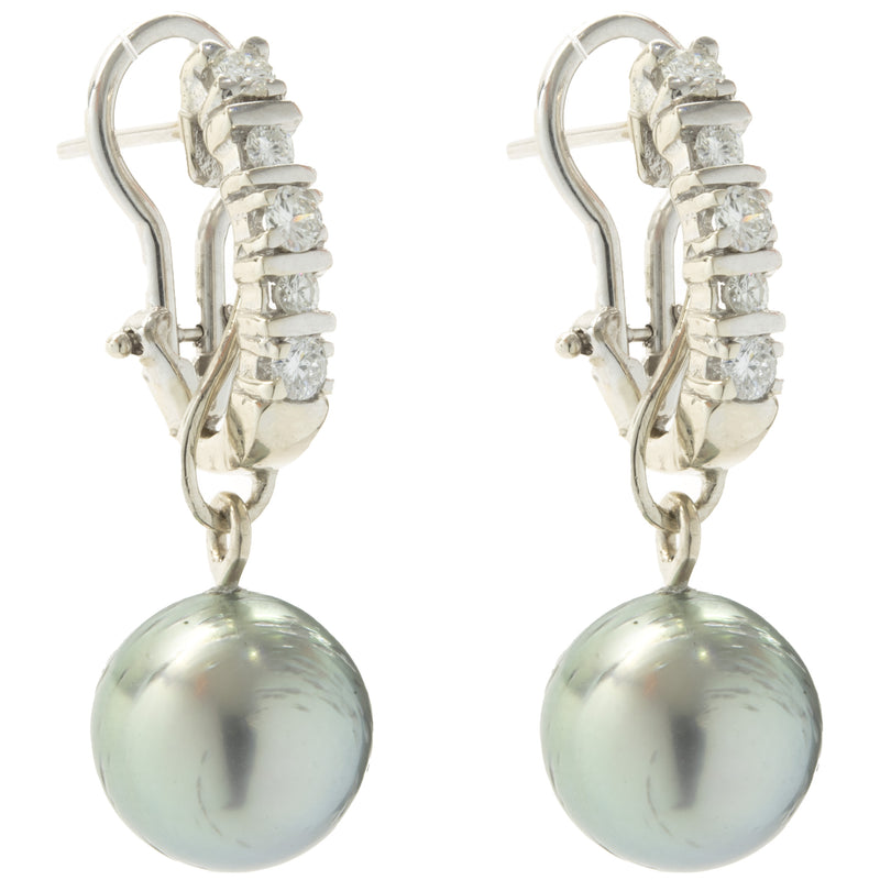 14 Karat White Gold Diamond and Tahitian Pearl Drop Earrings