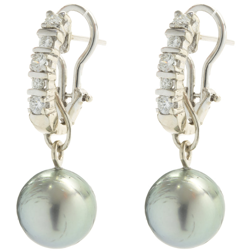 14 Karat White Gold Diamond and Tahitian Pearl Drop Earrings