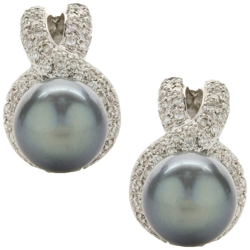 14 Karat White Gold Diamond and Tahitian Pearl Drop Earrings