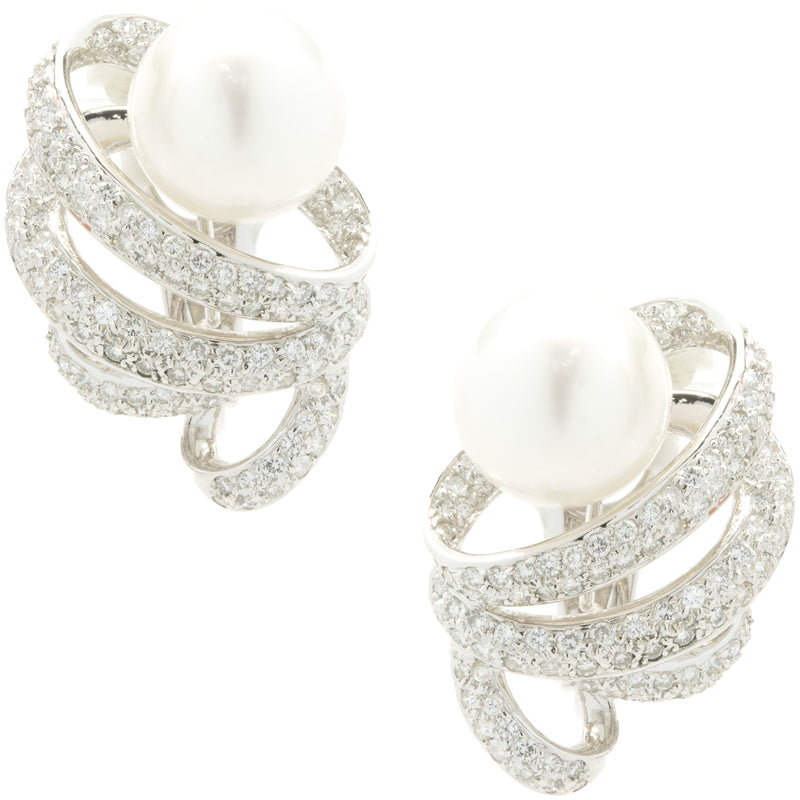 18 Karat White Gold Pave Diamond and South Sea Pearl Swirl Earrings