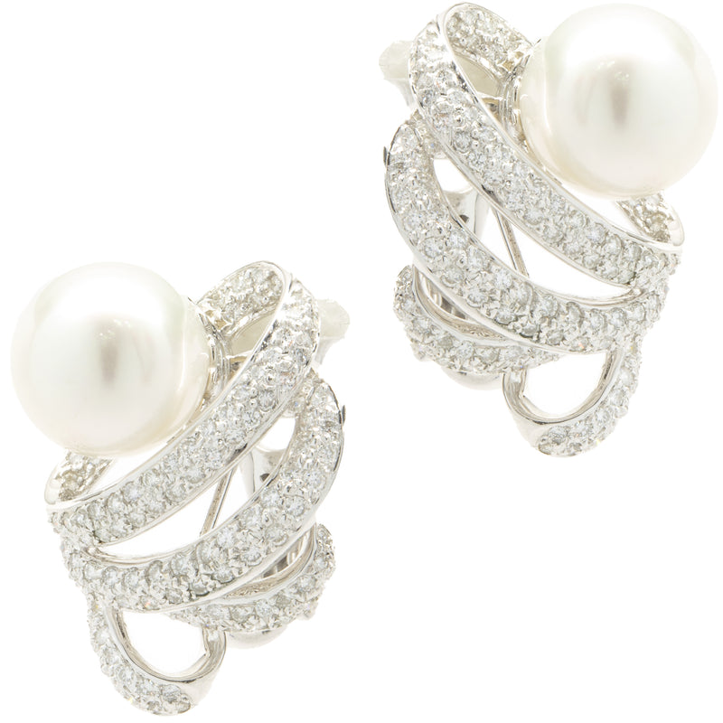 18 Karat White Gold Pave Diamond and South Sea Pearl Swirl Earrings