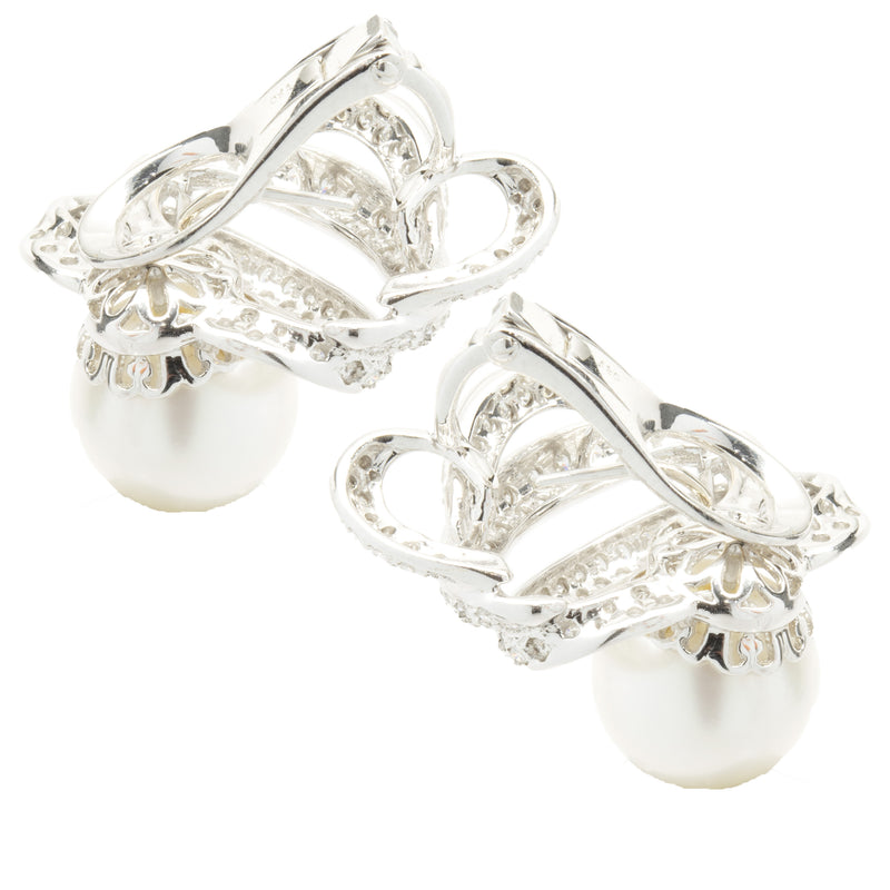 18 Karat White Gold Pave Diamond and South Sea Pearl Swirl Earrings