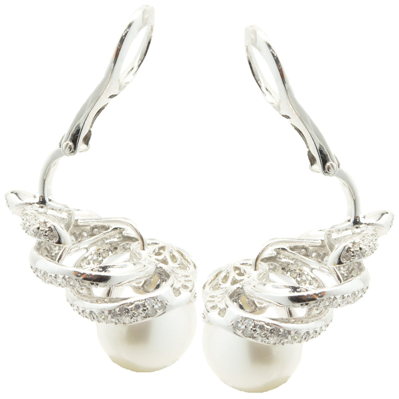18 Karat White Gold Pave Diamond and South Sea Pearl Swirl Earrings