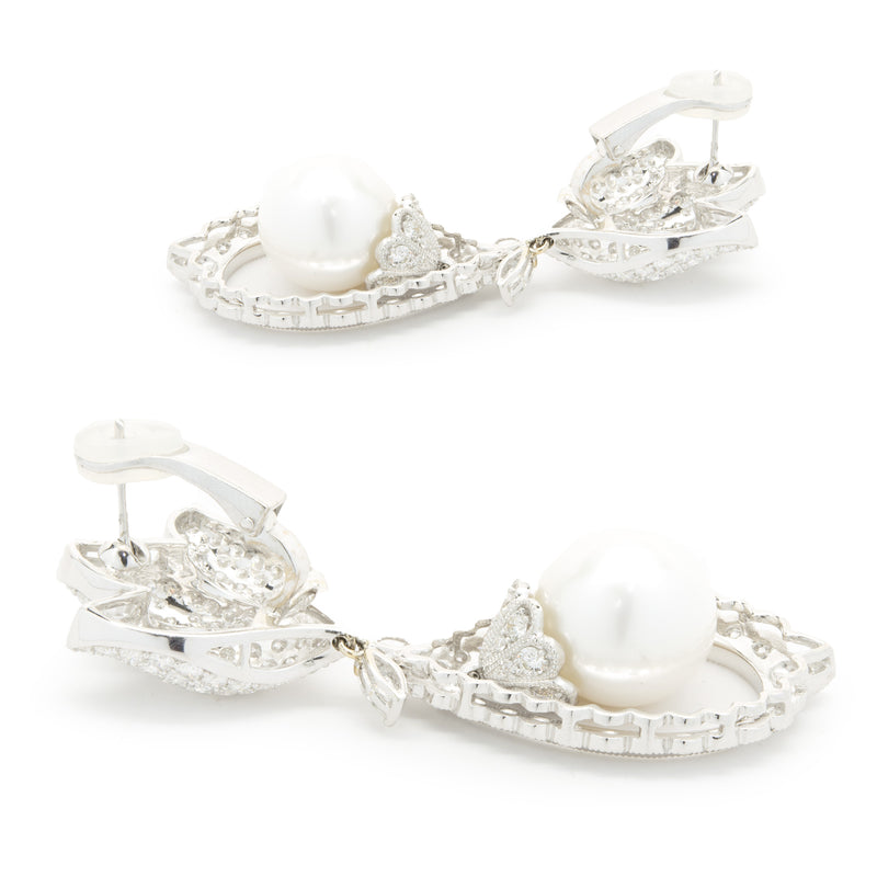 18 Karat White Gold Pave Diamond and South Sea Pearl Drop Earrings