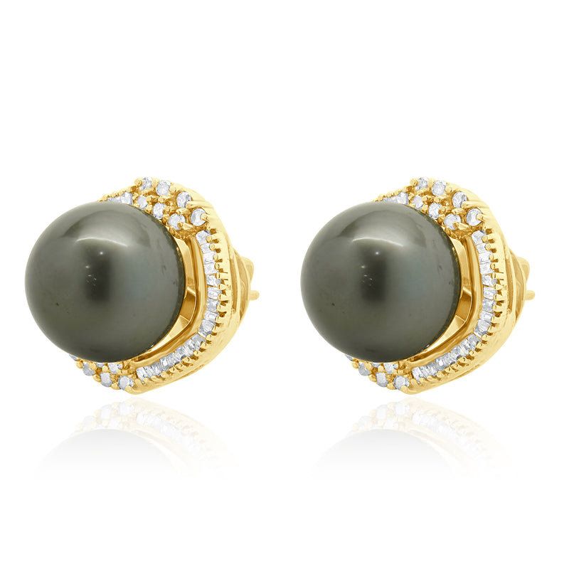 14 Karat Yellow Gold Black Pearl and Diamond Halo Earrings