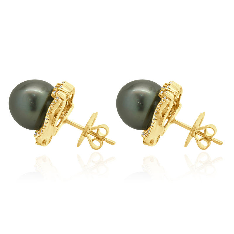 14 Karat Yellow Gold Black Pearl and Diamond Halo Earrings