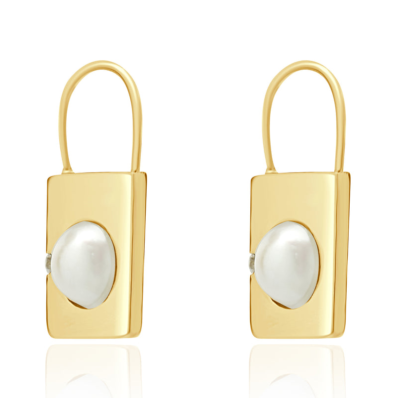 14 Karat Yellow Gold Pearl and Diamond Padlock Earrings