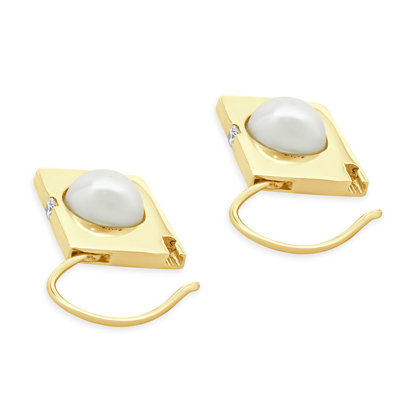 14 Karat Yellow Gold Pearl and Diamond Padlock Earrings