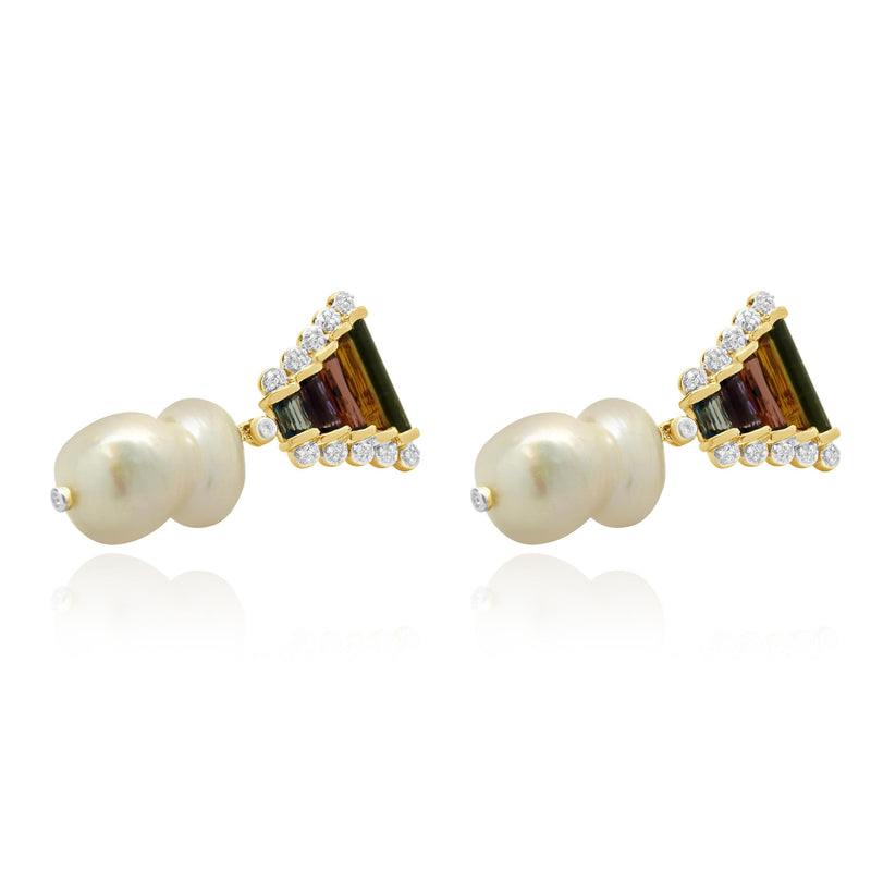 14 Karat Yellow Gold Baroque Pearl, Multi Gemstone and Diamond Drop Earrings