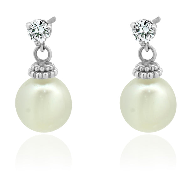 14 Karat White Gold Pearl and Diamond Drop Earrings