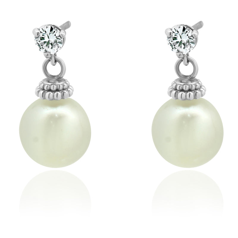 14 Karat White Gold Pearl and Diamond Drop Earrings