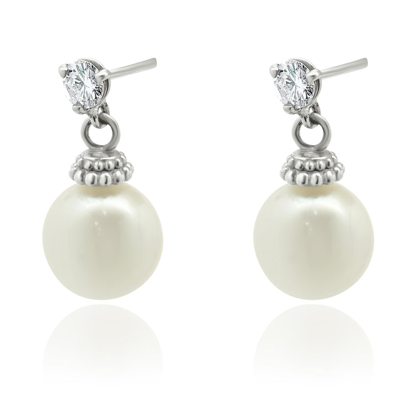 14 Karat White Gold Pearl and Diamond Drop Earrings