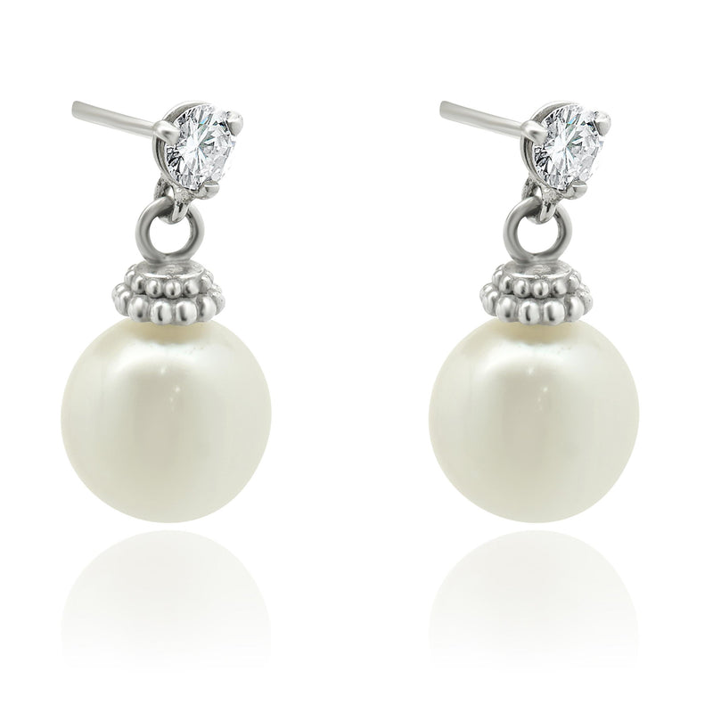 14 Karat White Gold Pearl and Diamond Drop Earrings