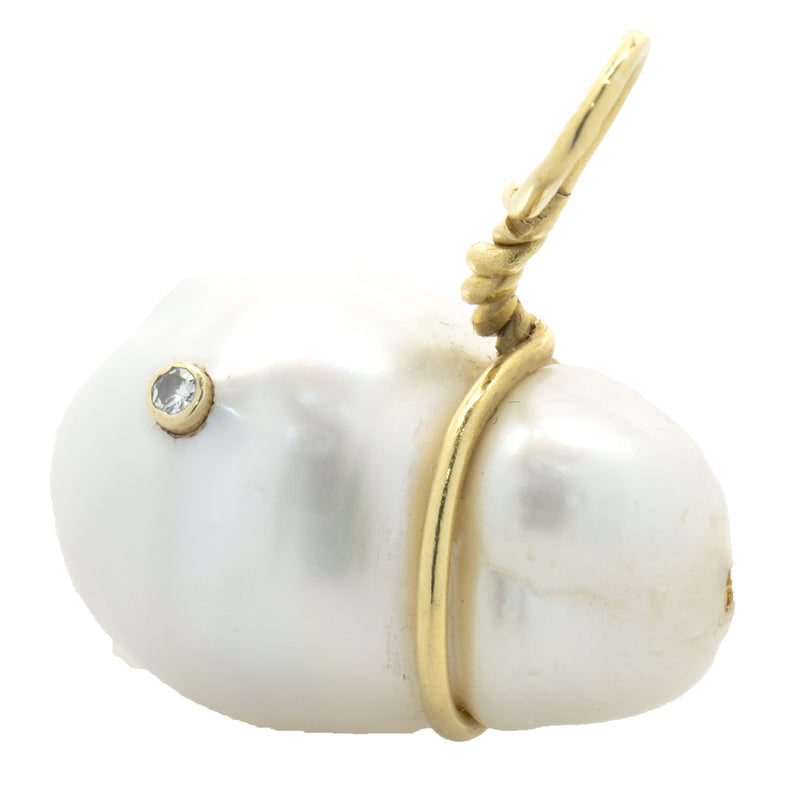 18 Karat Yellow Gold Baroque Pearl and Champagne Diamond Pendant