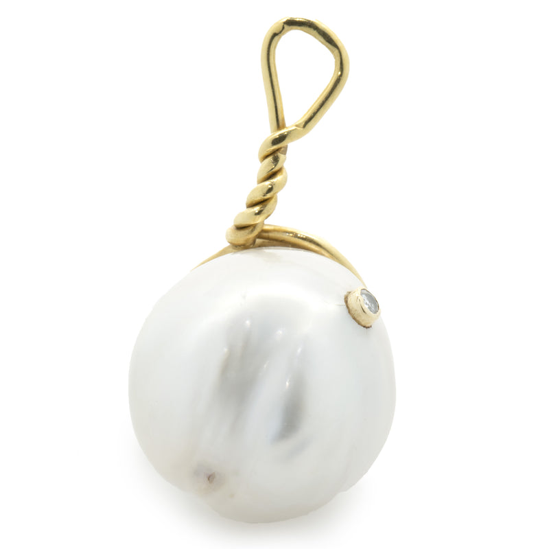 18 Karat Yellow Gold Baroque Pearl and Champagne Diamond Pendant