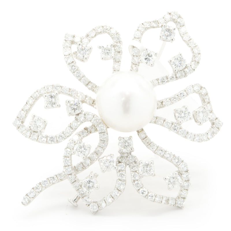 18 Karat White Gold South Sea Pearl and Diamond Flower Pin