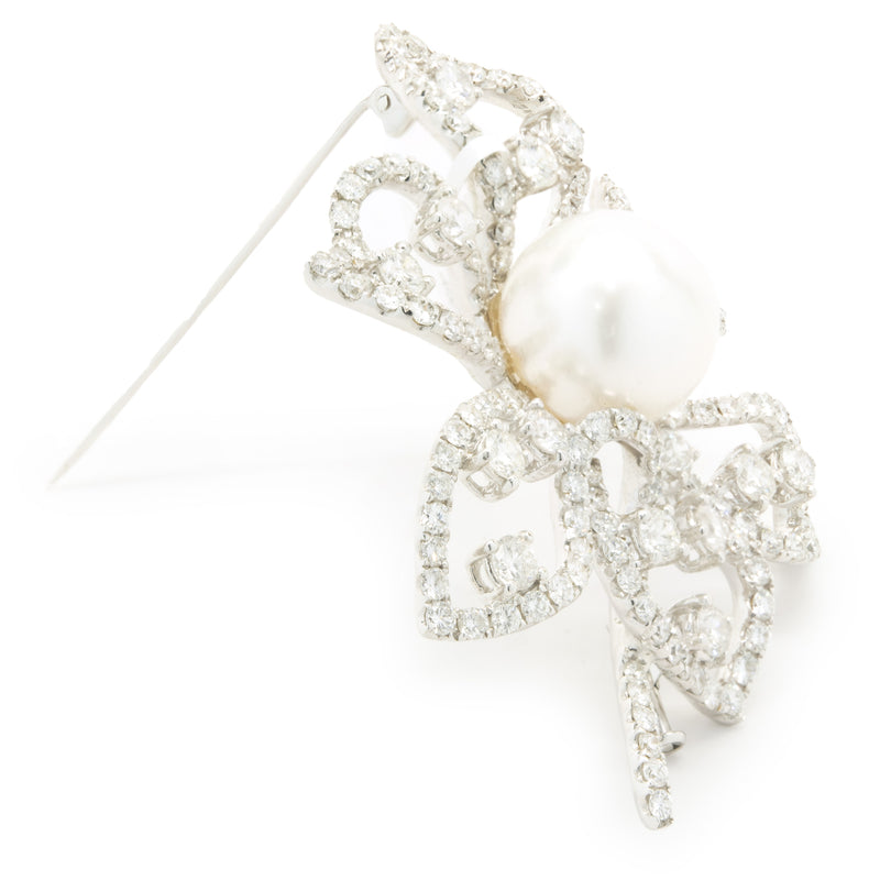 18 Karat White Gold South Sea Pearl and Diamond Flower Pin