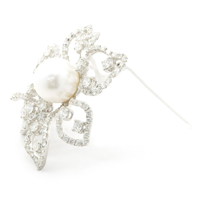 18 Karat White Gold South Sea Pearl and Diamond Flower Pin