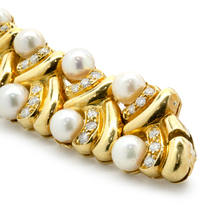 18 Karat Yellow Gold Akoya Pearl and Diamond Ornate Collar Necklace