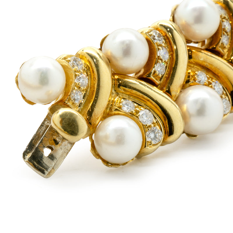 18 Karat Yellow Gold Akoya Pearl and Diamond Ornate Collar Necklace